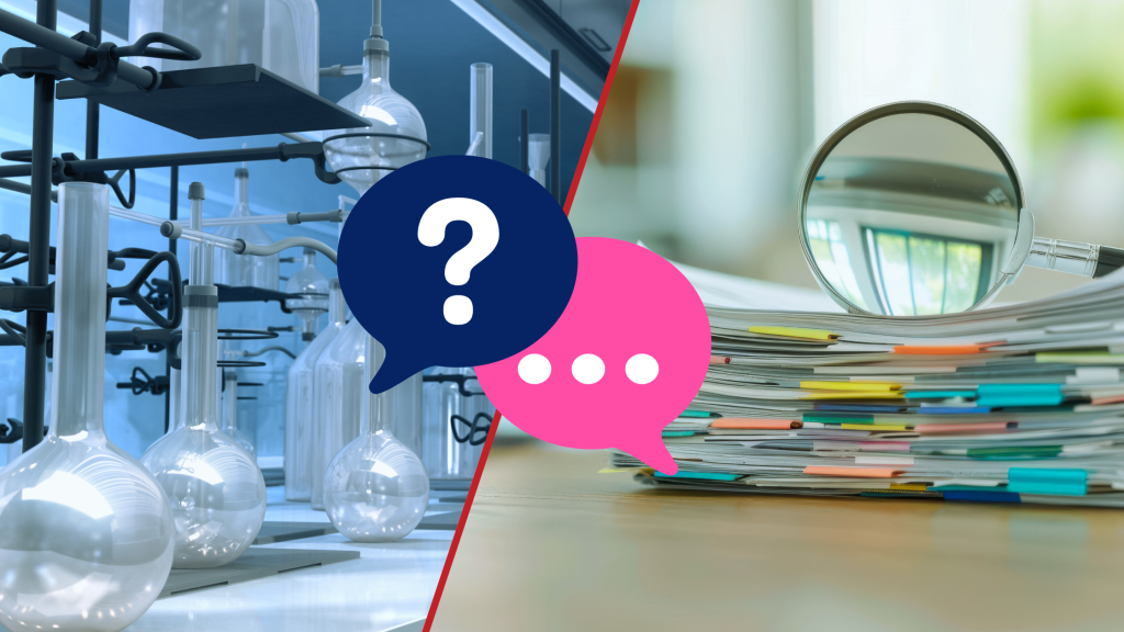 An image of lab glassware beside regulatory paperwork and a magnifying glass, with speech bubble graphics containing a question mark and an ellipses.