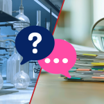An image of lab glassware beside regulatory paperwork and a magnifying glass, with speech bubble graphics containing a question mark and an ellipses.