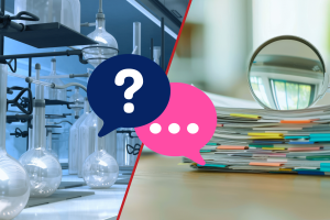 An image of lab glassware beside regulatory paperwork and a magnifying glass, with speech bubble graphics containing a question mark and an ellipses.